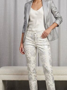 Elliott Lauren Silver Metallic Floral Foil White Jeans Pants Size 10